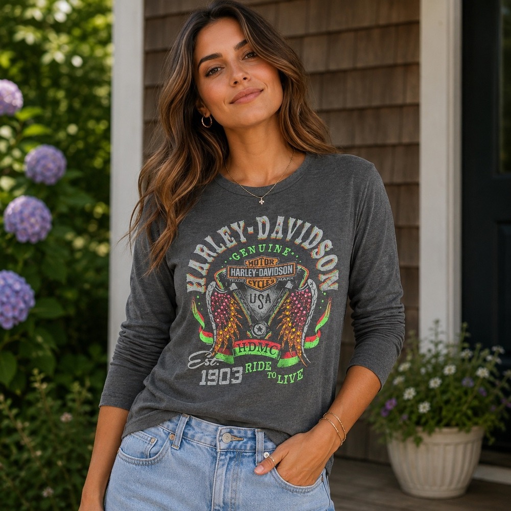Harley-Davidson Womens L Long Sleeve Graphic Tee Heart of Dixie Pelham AL Gray